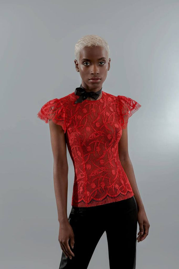 Red cherries french lace top