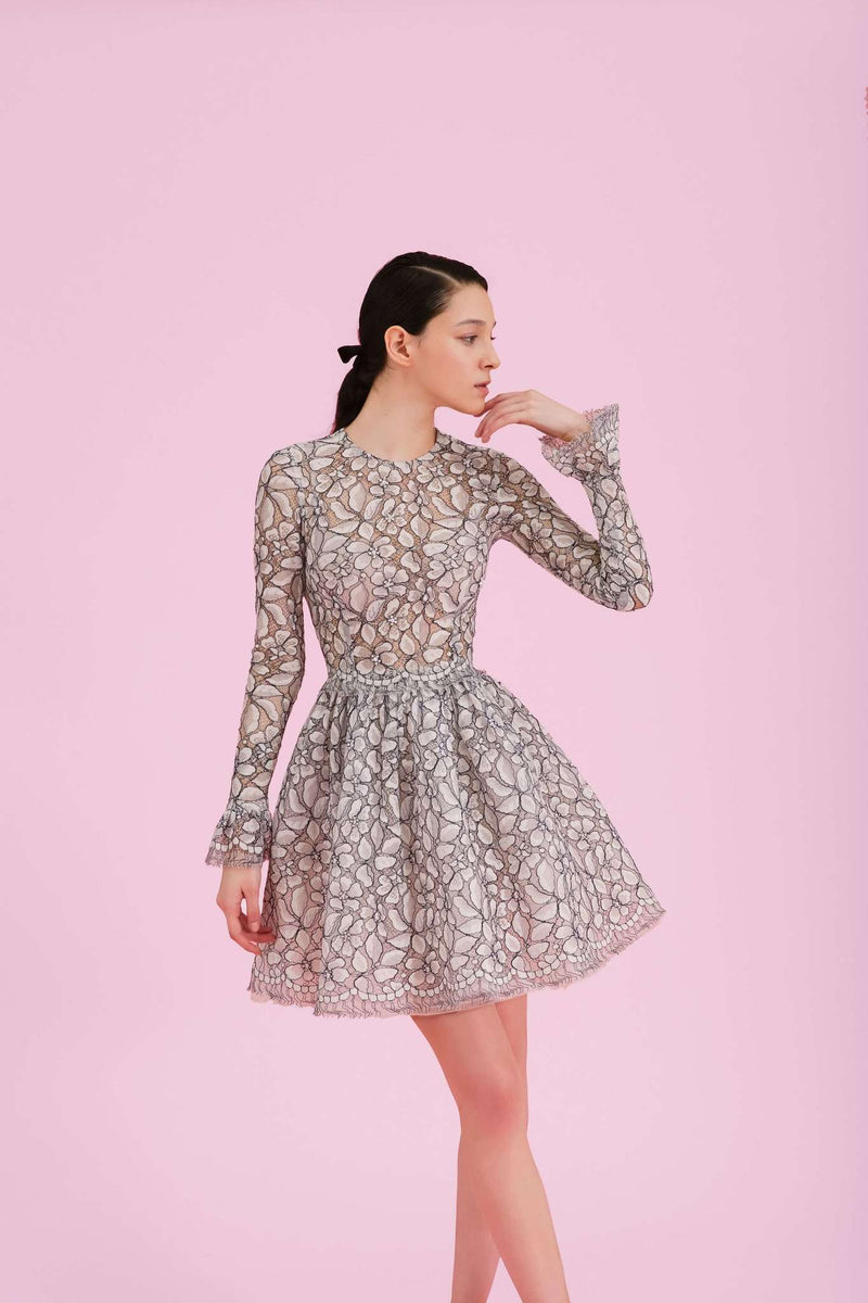 Front view of Alice short lace full dress with long sleeves